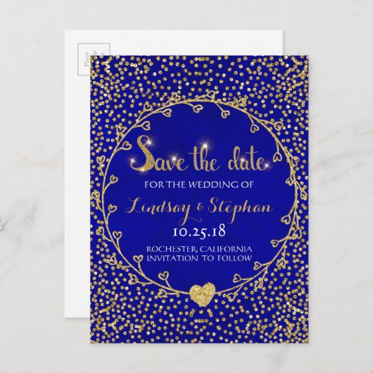 Gold Glitter Confetti Glam Cobalt Save the Date Aankondigingskaart (Voorkant / Achterkant)