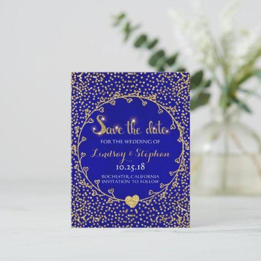 Gold Glitter Confetti Glam Cobalt Save the Date Aankondigingskaart (Staand voorkant)
