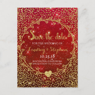 Gold Glitter Confetti Glam Red Save the Date Aankondigingskaart