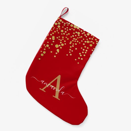 Gold Glitter Confetti Monogramed Script Name Red Kleine Kerstsok (Voorkant (Hangend))