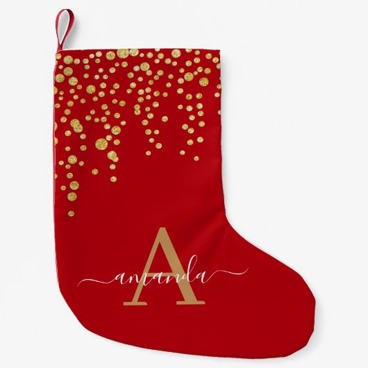 Gold Glitter Confetti Monogramed Script Name Red Kleine Kerstsok (Voorkant)
