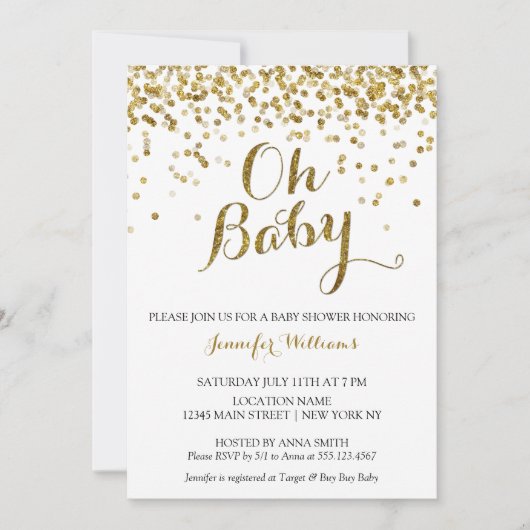 Gold Glitter Confetti Oh Baby, Baby shower nodigt Kaart (Voorkant)