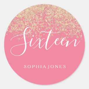 Gold Glitter Confetti Pink Sweet 16 Birthday Party Ronde Sticker