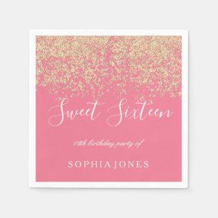 Gold Glitter Confetti Pink Sweet 16 Birthday Party Servetten