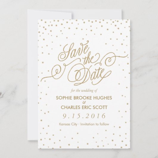 Gold Glitter Confetti Stars Fancy Opslaan Datum Save The Date (Voorkant)