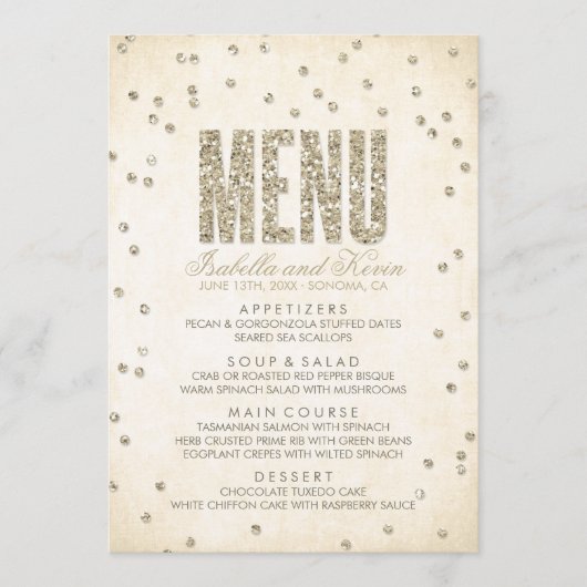 Gold Glitter Confetti Stippen Weddenschappen Menu (Voorkant)