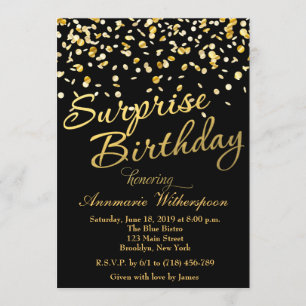 Gold Glitter Confetti Surprise Birthday Invitation Kaart