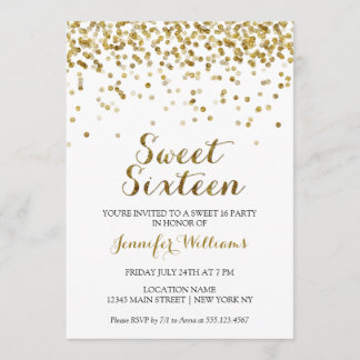 Gold Glitter Confetti Sweet Sixteen 16 Uitnodiging