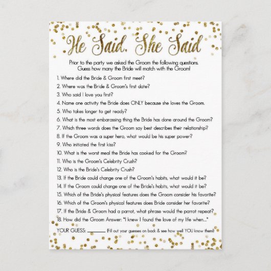 Gold Glitter Confetti zei hij dat ze douchespel ze Briefkaart (Voorkant)