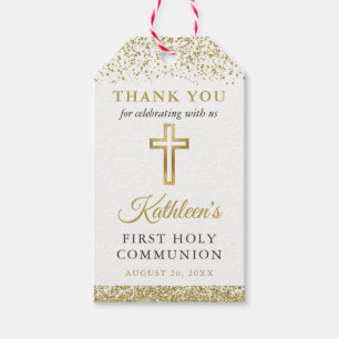 Gold Glitter Cross First Heilige Communie Dank u w Cadeaulabel