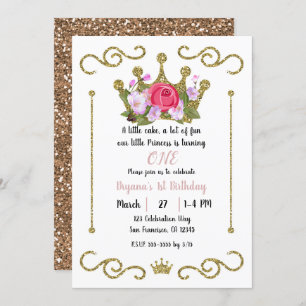 Gold Glitter Crown Floral 1 ONE 1st Birthday Party Kaart