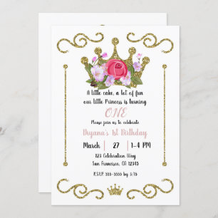 Gold Glitter Crown Floral 1 ONE 1st Birthday Party Kaart