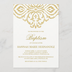 Gold Glitter Damask Baptism Invitation Kaart