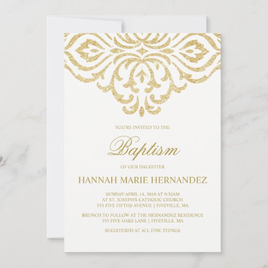Gold Glitter Damask Doop uitnodiging (Voorkant)