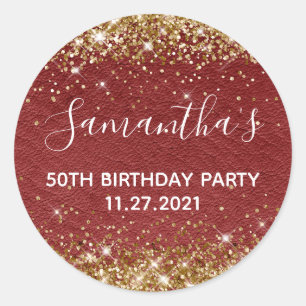 Gold Glitter Dark Red Leather 50e verjaardag Ronde Sticker