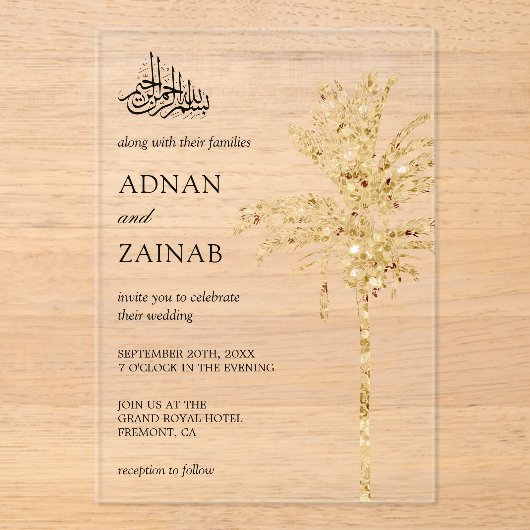 Gold Glitter Date Palm Muslim Wedding Acryl Uitnodigingen (Voorkant)