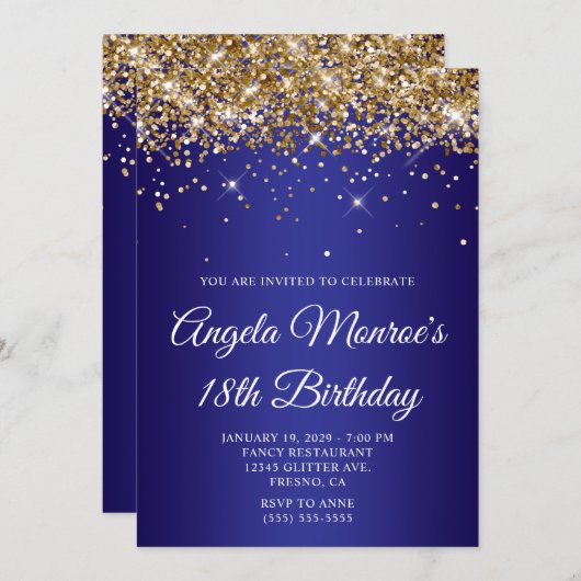 Gold Glitter Deep Blue Gradient 18th Birthday Kaart (Voorkant / Achterkant)