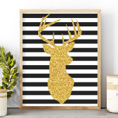 Gold Glitter Deer Black & White Stripes Poster