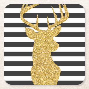 Gold Glitter Deer Black & White Stripes Vierkante Kartonnen Onderzetter