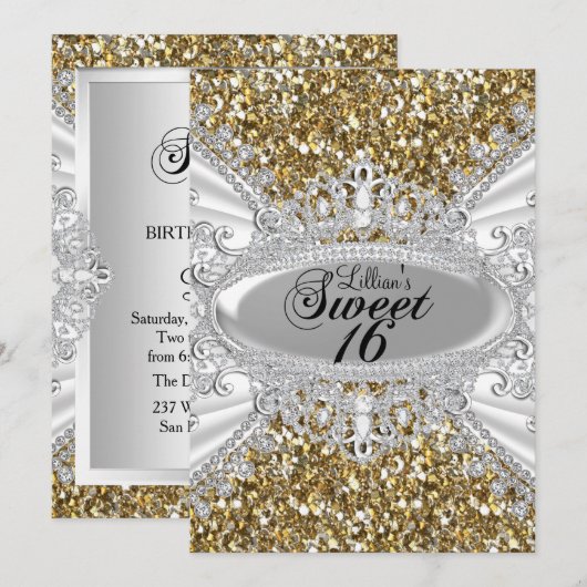 Gold Glitter Diamond Tiara Sweet 16 Invite Kaart (Voorkant / Achterkant)