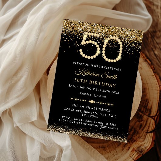 Gold Glitter Diamonds 50th Birthday Invitation