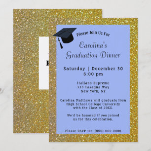 Gold Glitter Dinner Blue Afstuderen Kaart