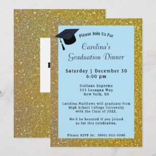 Gold Glitter Dinner Light Blue Afstuderen Kaart