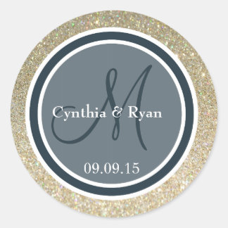 Gold Glitter & Donkerblauwe bruiloft Monogram Ronde Sticker