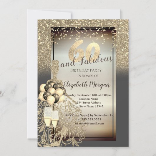 Gold Glitter Dress, ballonnen, 60th Birthday Party Kaart (Voorkant)