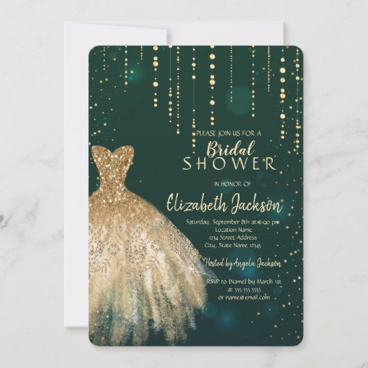 Gold Glitter Dress, Confetti Green Vrijgezellenfee Kaart (Voorkant)