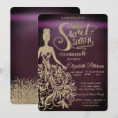 Gold Glitter Dress, Tiara Burgundy Sweet 16 Kaart (Voorkant / Achterkant)
