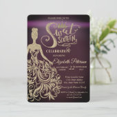 Gold Glitter Dress, Tiara Burgundy Sweet 16 Kaart (Staand voorkant)