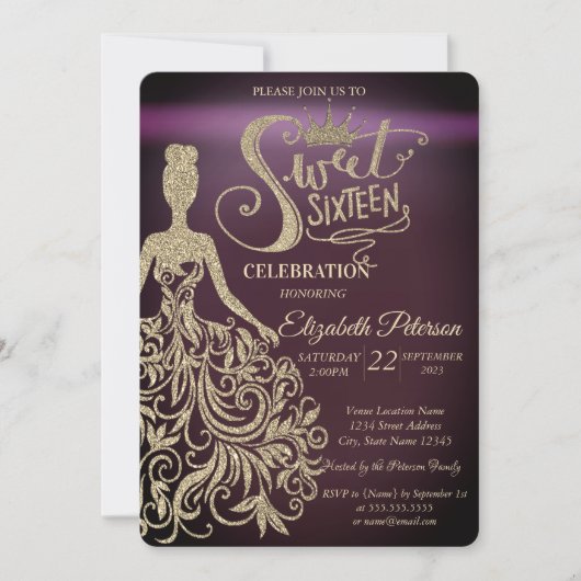Gold Glitter Dress, Tiara Burgundy Sweet 16 Kaart (Voorkant)