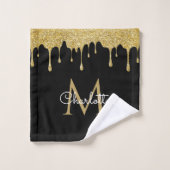 Gold Glitter Drift Monogram Elegant Girly Script Bad Handdoek (Wasdoekje)