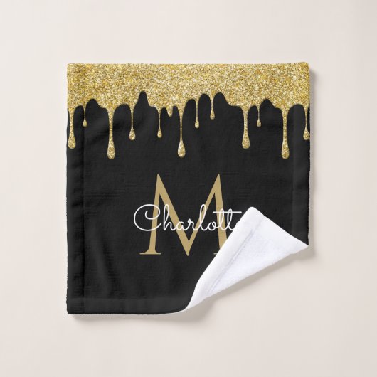 Gold Glitter Drift Monogram Elegant Girly Script Bad Handdoek (Wasdoekje)