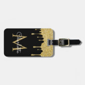 Gold Glitter Drift Monogram Elegant Girly Script Bagagelabel (Voorkant horizontaal)