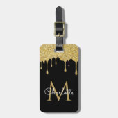Gold Glitter Drift Monogram Elegant Girly Script Bagagelabel (Voorkant verticaal)