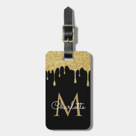 Gold Glitter Drift Monogram Elegant Girly Script Bagagelabel