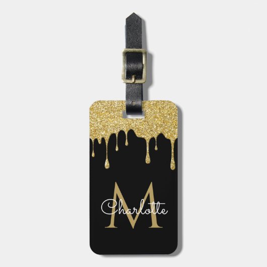 Gold Glitter Drift Monogram Elegant Girly Script Bagagelabel (Voorkant verticaal)