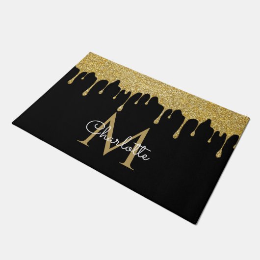 Gold Glitter Drift Monogram Elegant Girly Script Deurmat (Schuin)