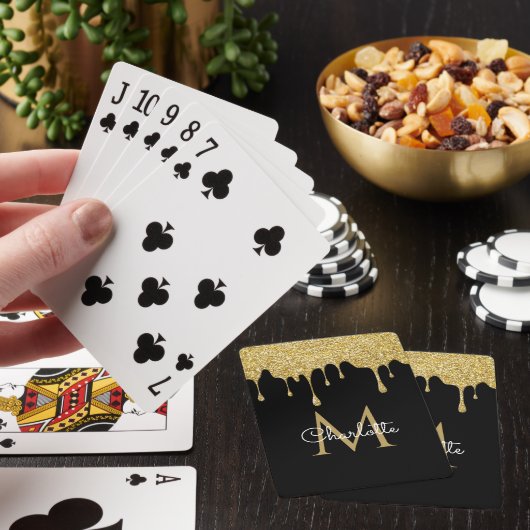 Gold Glitter Drift Monogram Elegant Girly Script Pokerkaarten (Insitu)