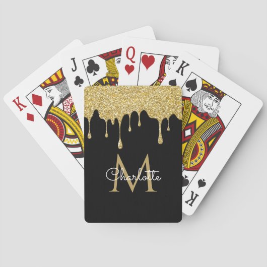 Gold Glitter Drift Monogram Elegant Girly Script Pokerkaarten (Achterkant)