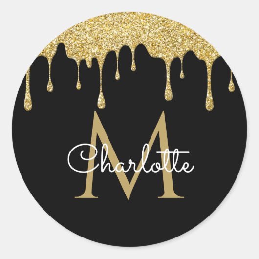 Gold Glitter Drift Monogram Elegant Girly Script Ronde Sticker (Voorkant)