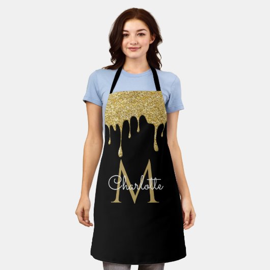 Gold Glitter Drift Monogram Elegant Girly Script Schort (Gedragen)