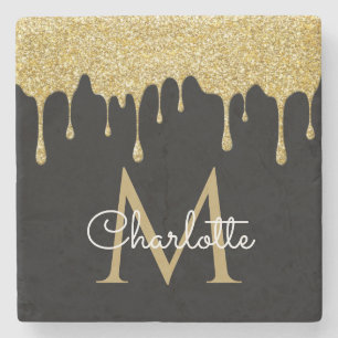 Gold Glitter Drift Monogram Elegant Girly Script Stenen Onderzetter