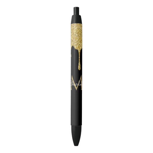 Gold Glitter Drift Monogram Elegant Girly Script Zwarte Inkt Pen (Voorkant Verticaal)