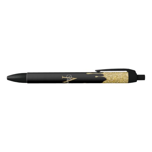 Gold Glitter Drift Monogram Elegant Girly Script Zwarte Inkt Pen (Bovenkant)