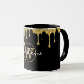 Gold Glitter Drift Monogram Script Black Mok (Voorkant rechts)