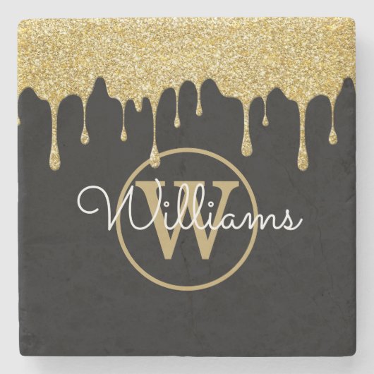 Gold Glitter Drift Monogram Script Name Black Stenen Onderzetter (Voorkant)