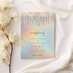 Gold Glitter Drift Rainbow Holographic Wedding Kaart